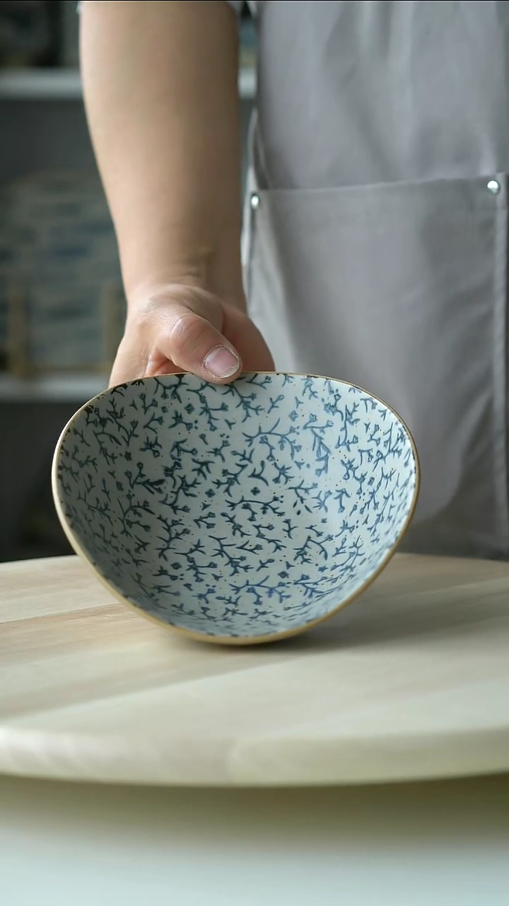 陶瓷粗陶手绘悠然花海浪碗16cm@4-2@