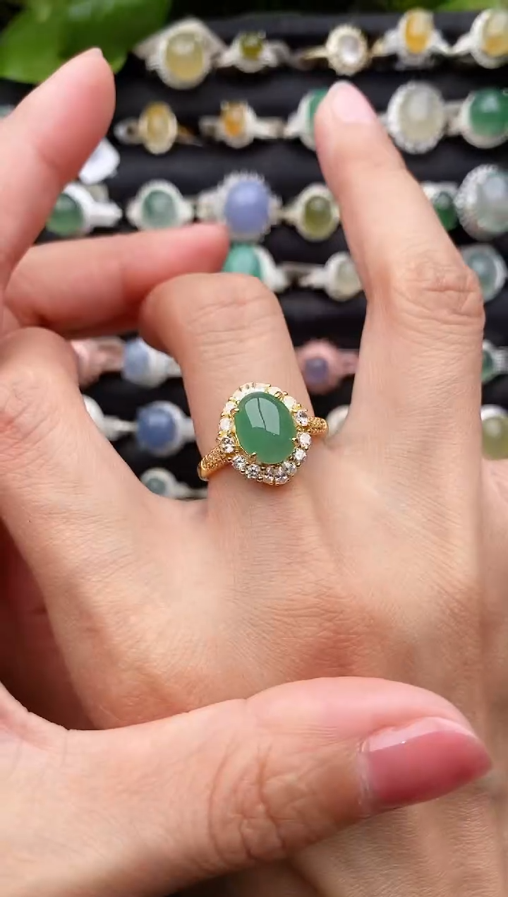 【闪购商品】翡翠戒指银S925镶嵌缅甸天然A货翡翠33   8-1