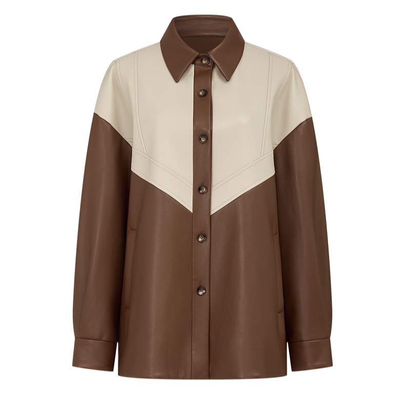 【小余专属】曼德诗撞色皮衣2024春装新款环保抗皱时尚Polo领外套