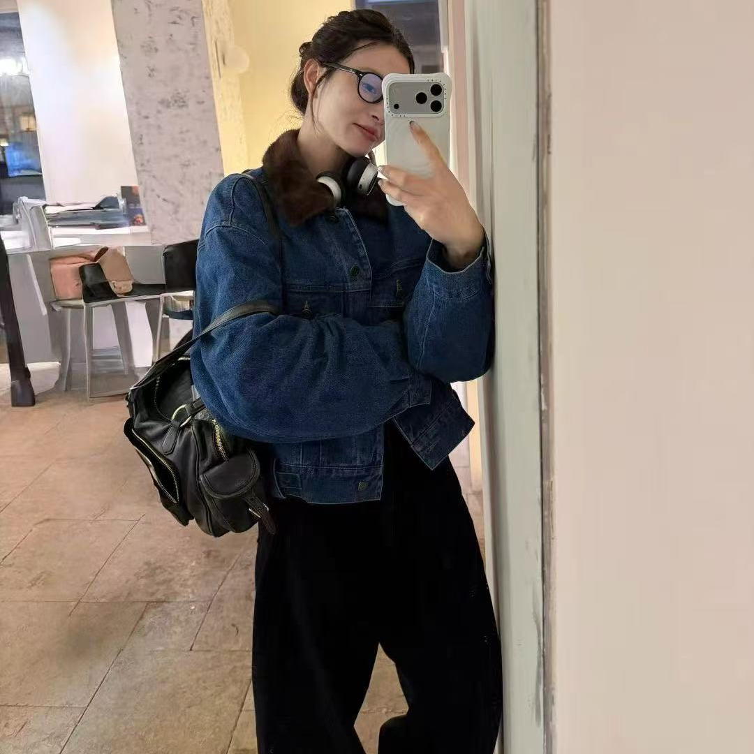 9395巴恩冬令 仿水貂毛领复古羽绒牛仔外套