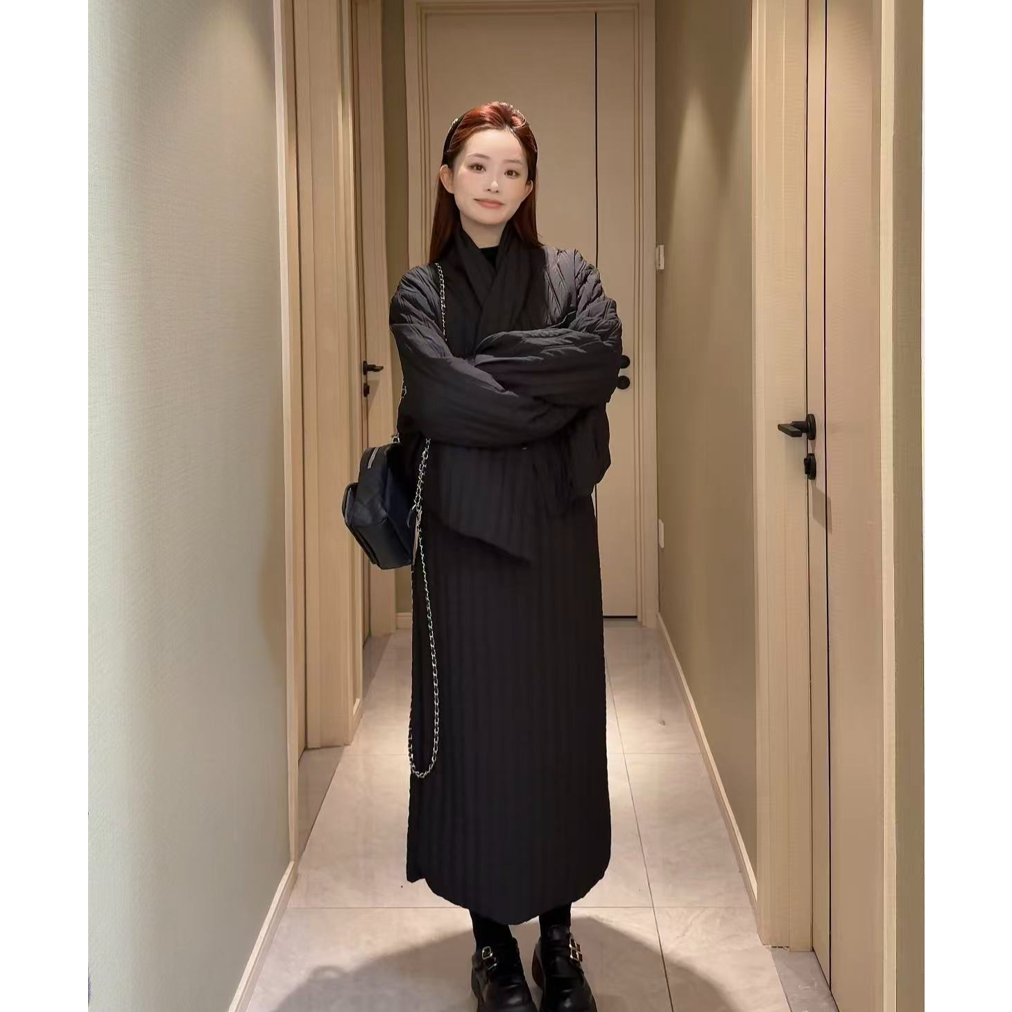 冬季小众设计感套装3161夹棉外套半身裙+围巾通勤三件套