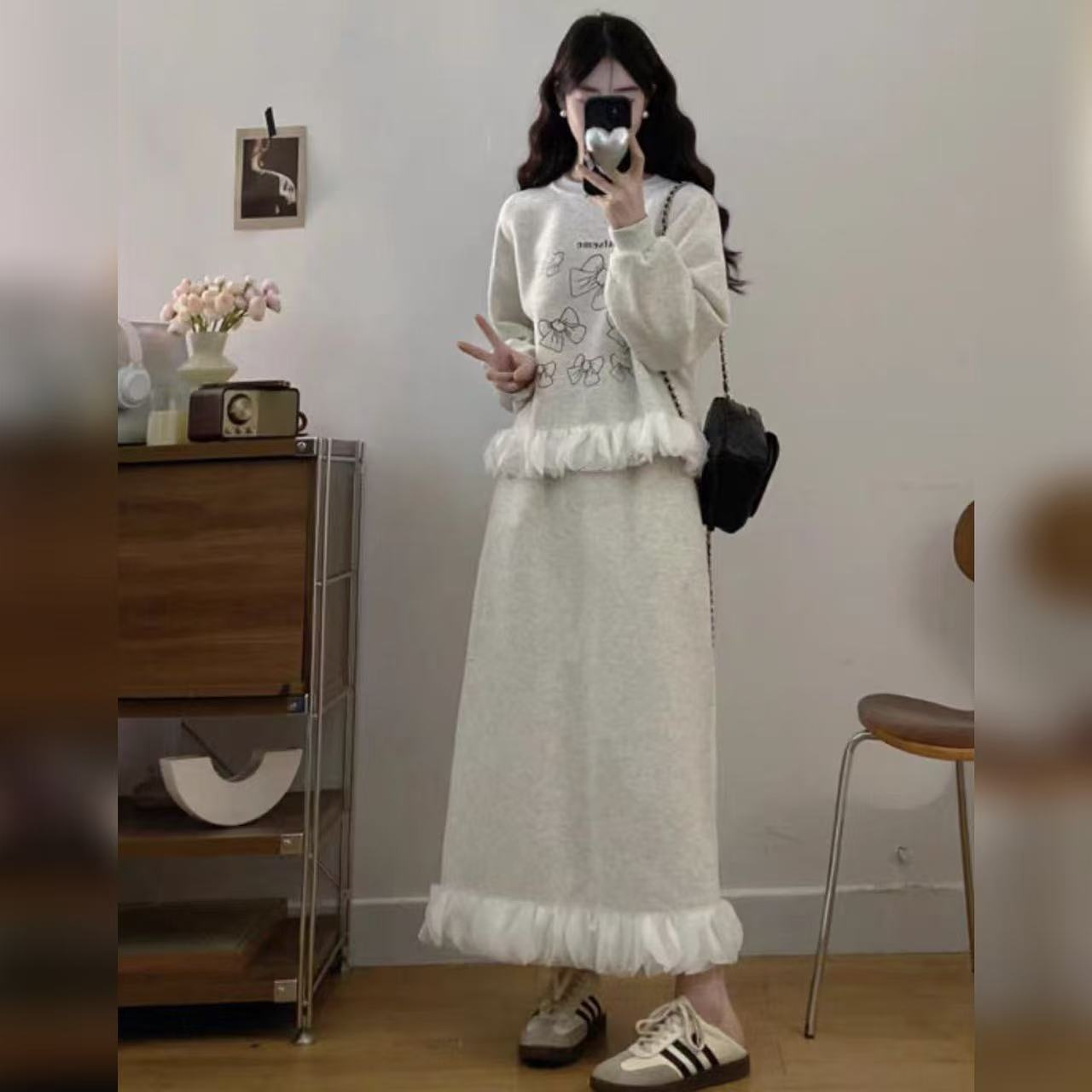 300斤 PLY-韩系温柔风拼花边蝴蝶结套装裙5551