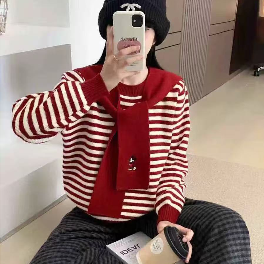  条纹披肩加厚圆领针织毛衣女秋冬新款时尚洋气减龄上衣#2872