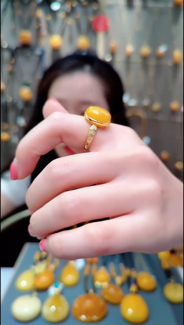 蜜蜡银S925镀金镶嵌珠宝奇石﹣A019蜜蜡戒指