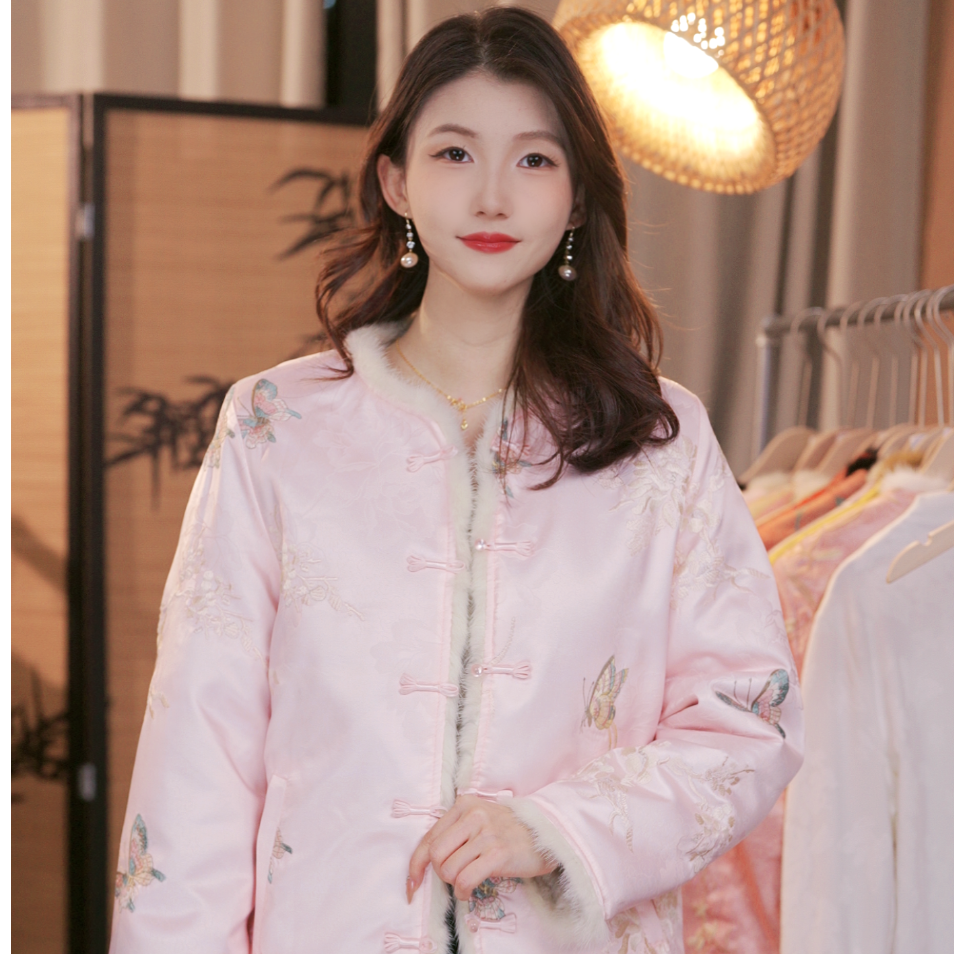 30.[粉色蝴蝶花]秋冬新款双面水貂新唐式国风保暖外套