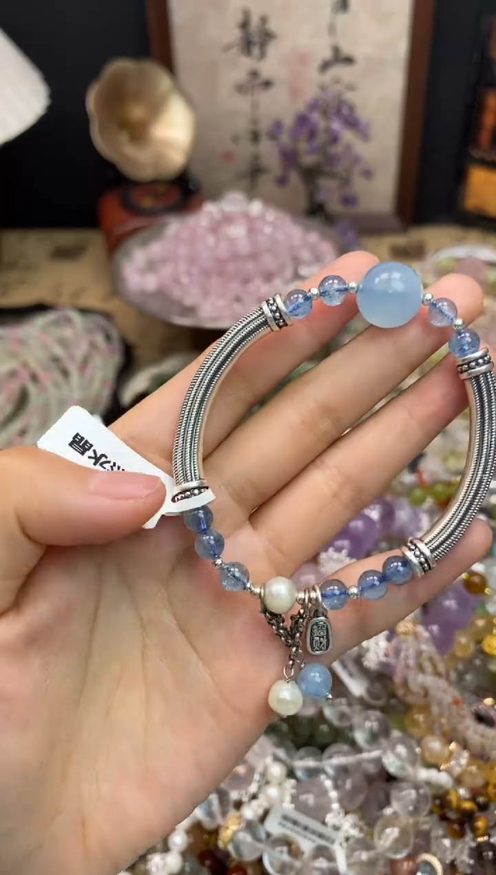 海蓝宝石手链足银镶嵌160