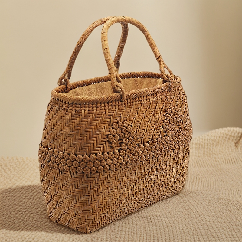 葡萄曜「福建非遗手工藤编包」新中式拼接女士手提包