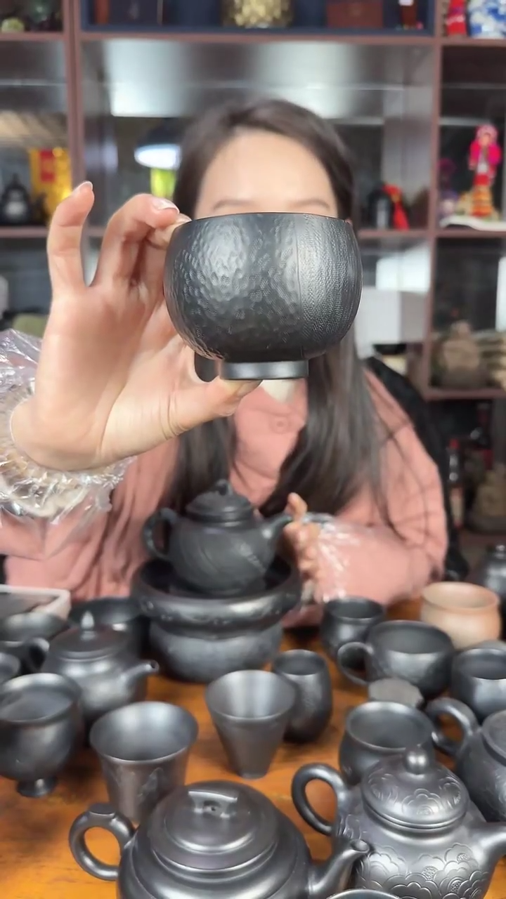 夜**露神农黑陶双锤纹杯子