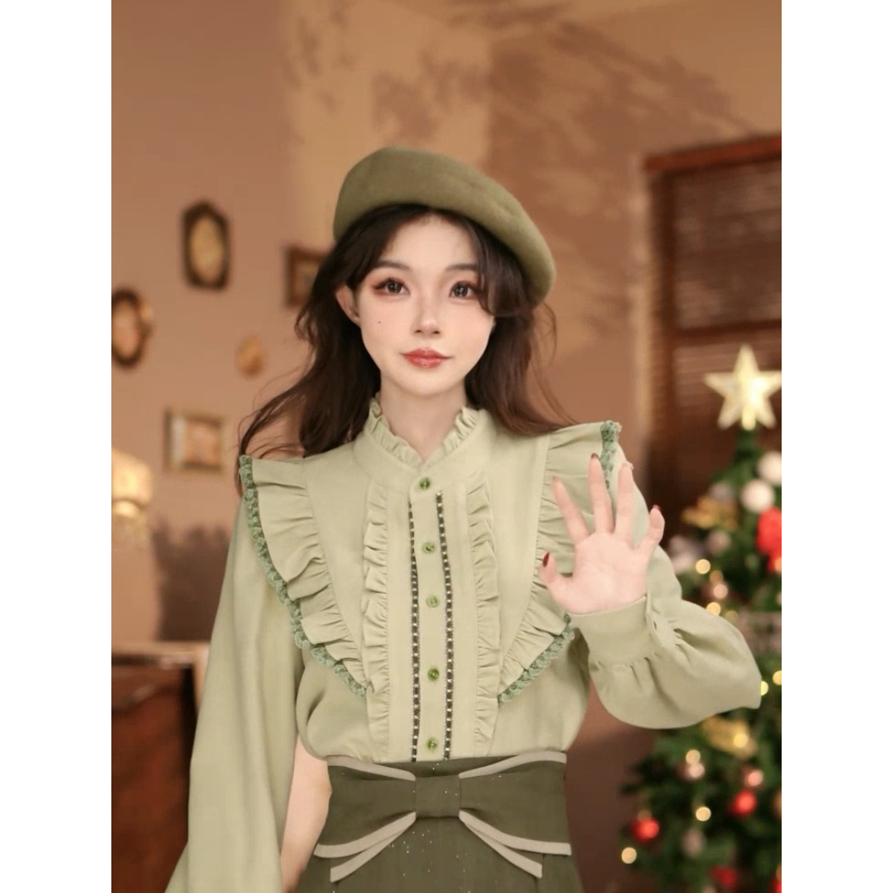 小妍【叶纺】港味复古显瘦气质设计感上衣30962