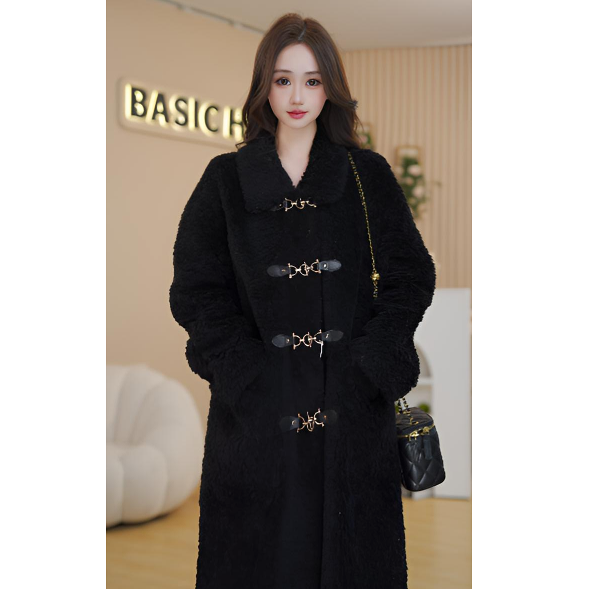 Basic House/百家好冬季新款加厚时尚显瘦羊羔毛长款黑色外套YH