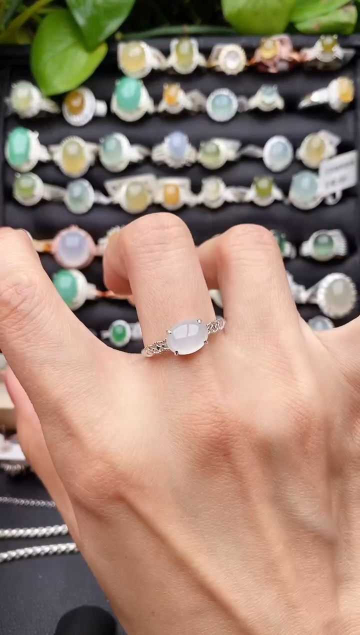 【闪购商品】翡翠戒指银S925镶嵌缅甸天然A货翡翠77  1-2