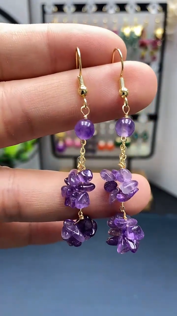 【闪购商品】紫晶耳饰银S925镀金镶嵌随型碎石