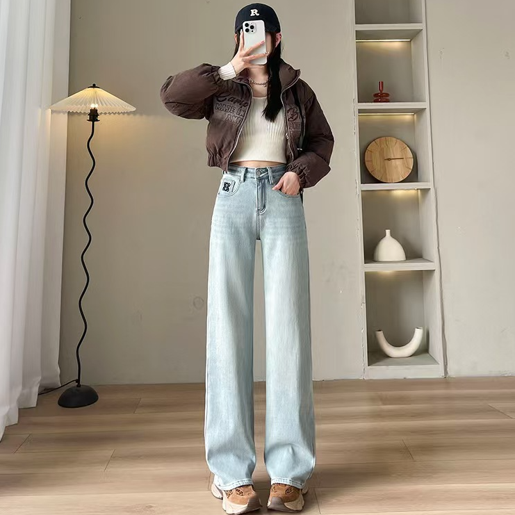 【2879-1】复古百搭设计感直筒牛仔裤女春秋宽松洋气显瘦垂感拖地裤