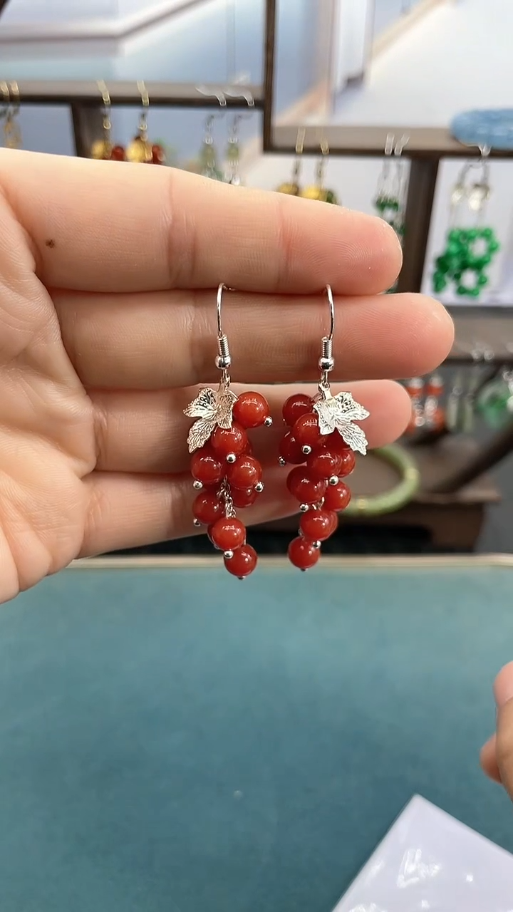 银S925镶嵌南红玛瑙耳饰6mm番茄红葡萄