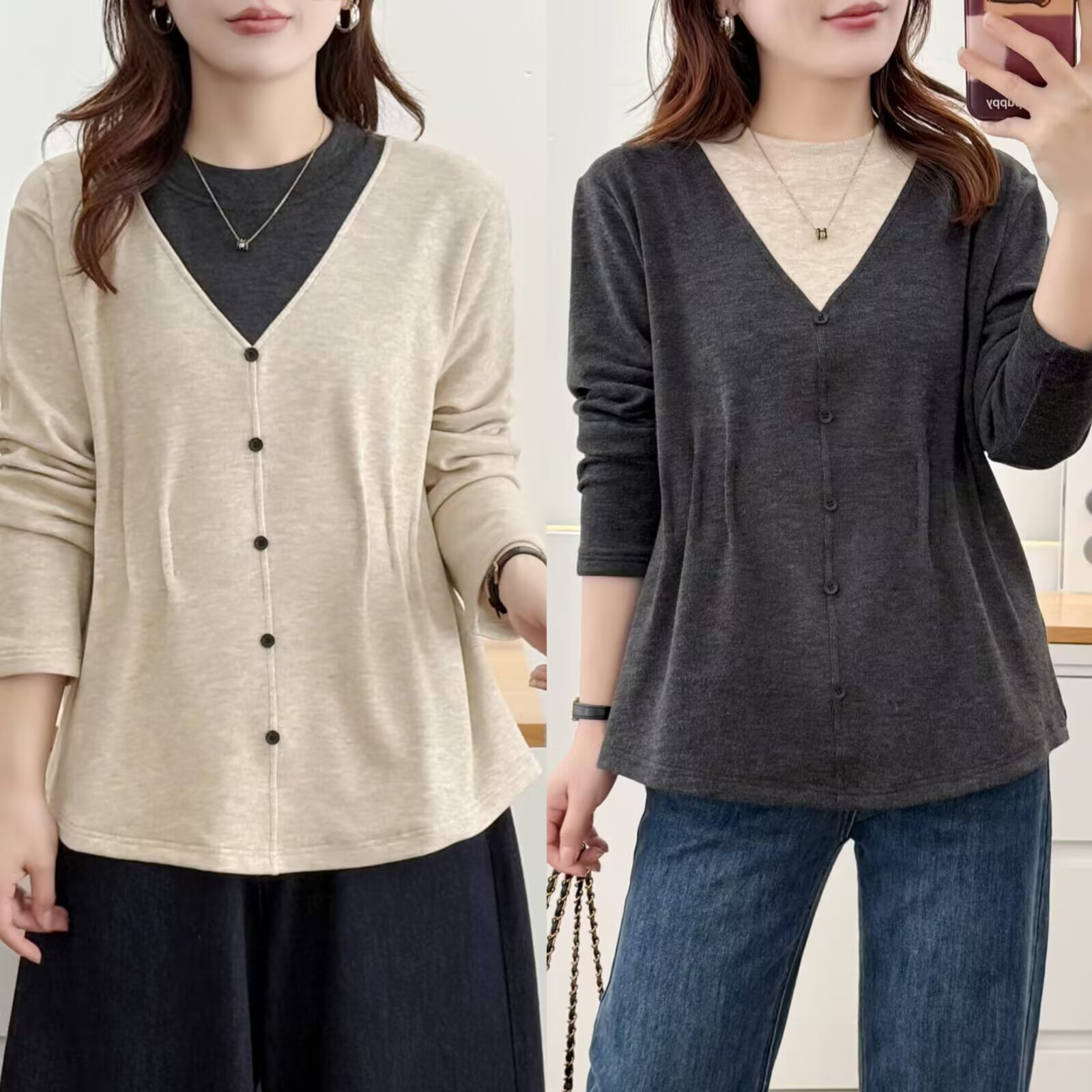 鑫静大码【197】拼色假两件加绒打底衫T恤上衣胖mm遮肚收腰显瘦洋气