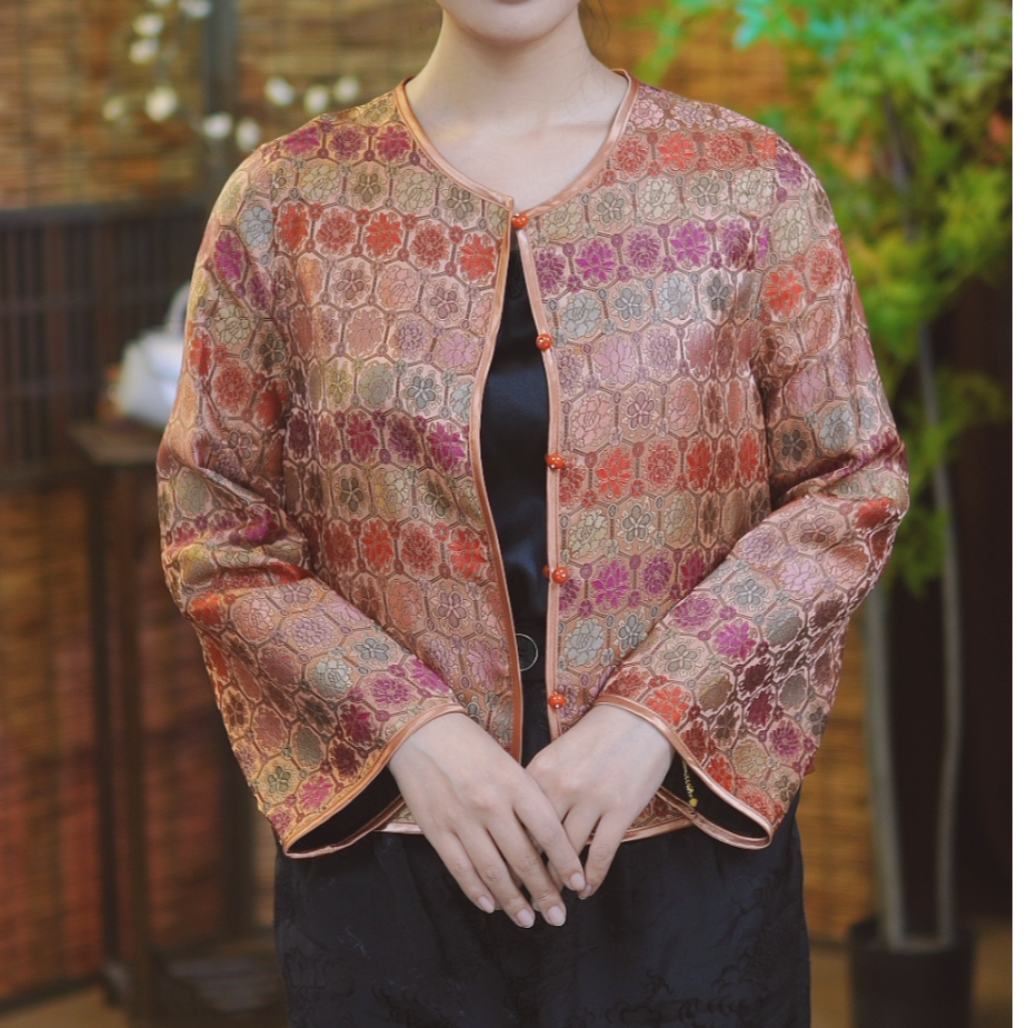 最妍新中式时尚宽松短款外套女2025新款提花气质复古长袖洋气上衣