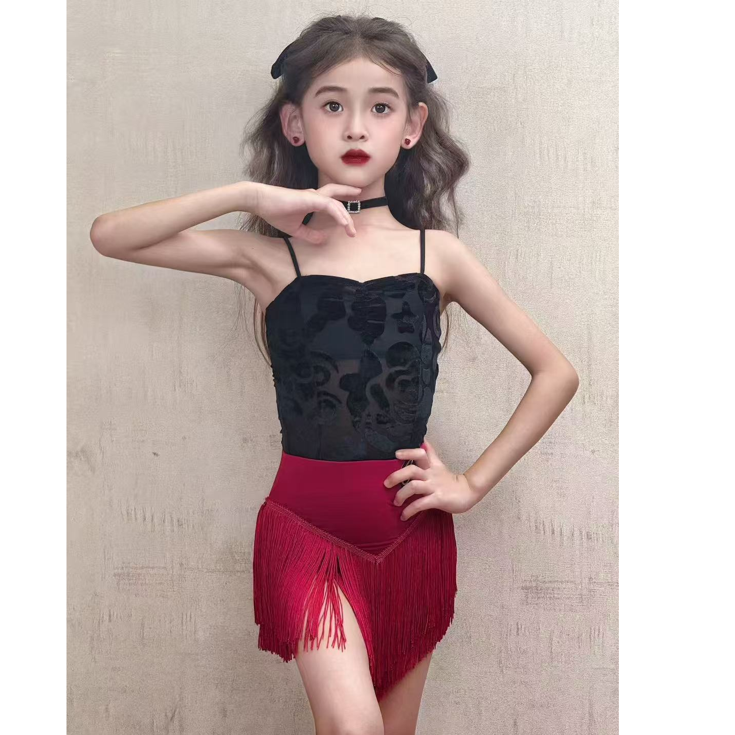CONNY夏季拉丁舞套装女舞蹈练功服儿童黑色吊带上衣流苏裙演出服