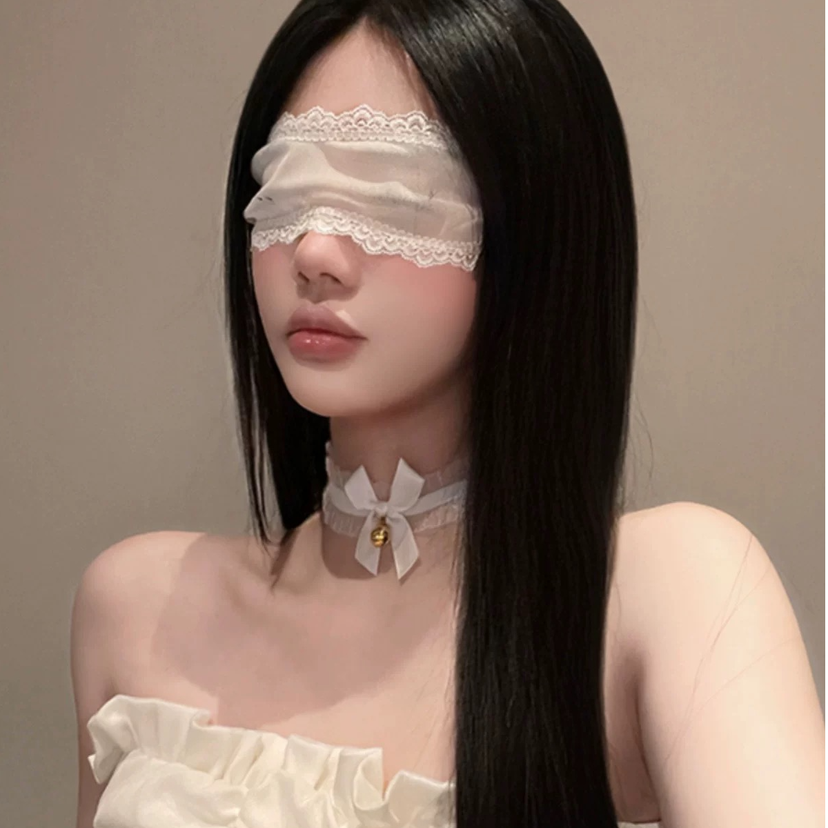 脸红小狗~蕾丝眼罩*黑白铃铛绑带轻薄眼罩