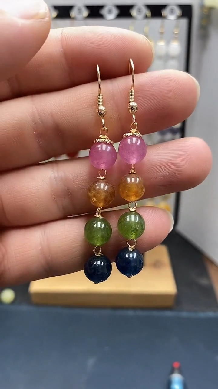 银S925镀金镶嵌耳饰碧玺尺寸8mm连珠