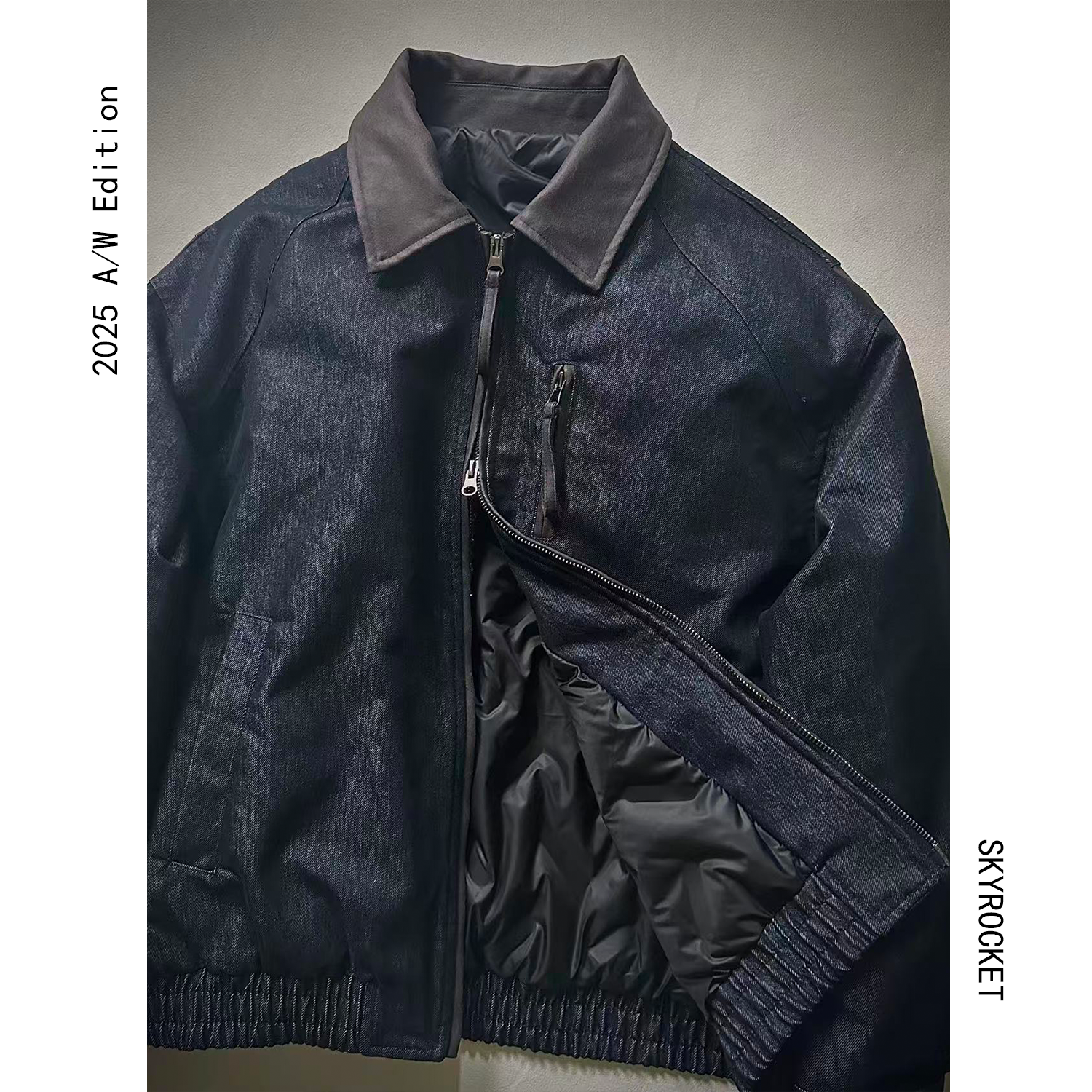 SKYROCKET扶摇【暗影锻造】（暗黑工装风丹宁蓝做旧拼接皮领羽绒服）
