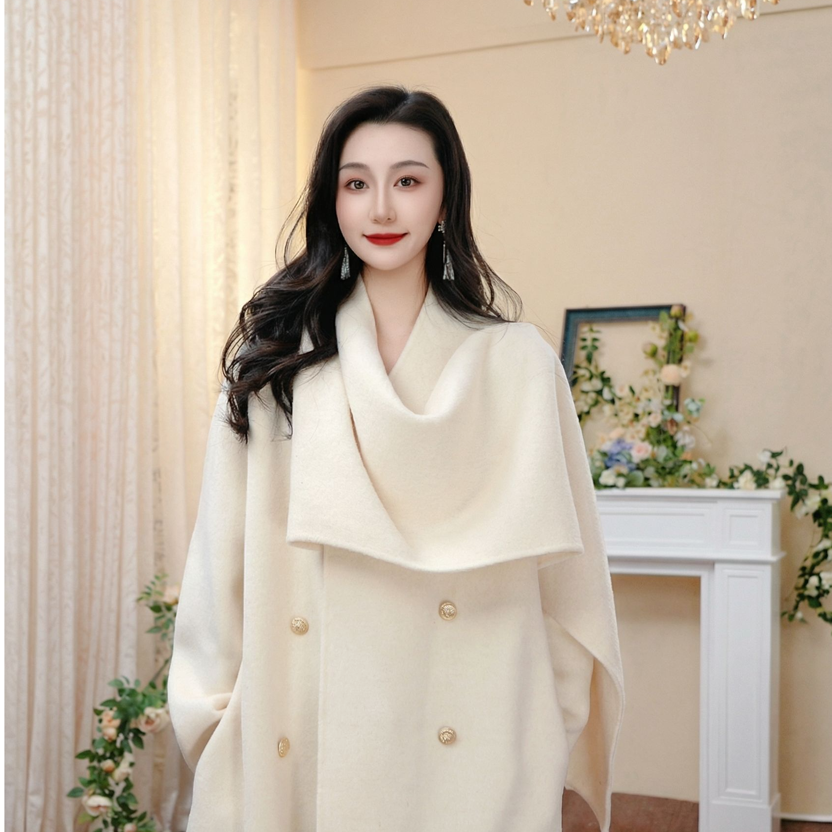 满庭芳深冬独特超好看羊毛毛呢外套女冬双面呢白色呢子围巾大衣