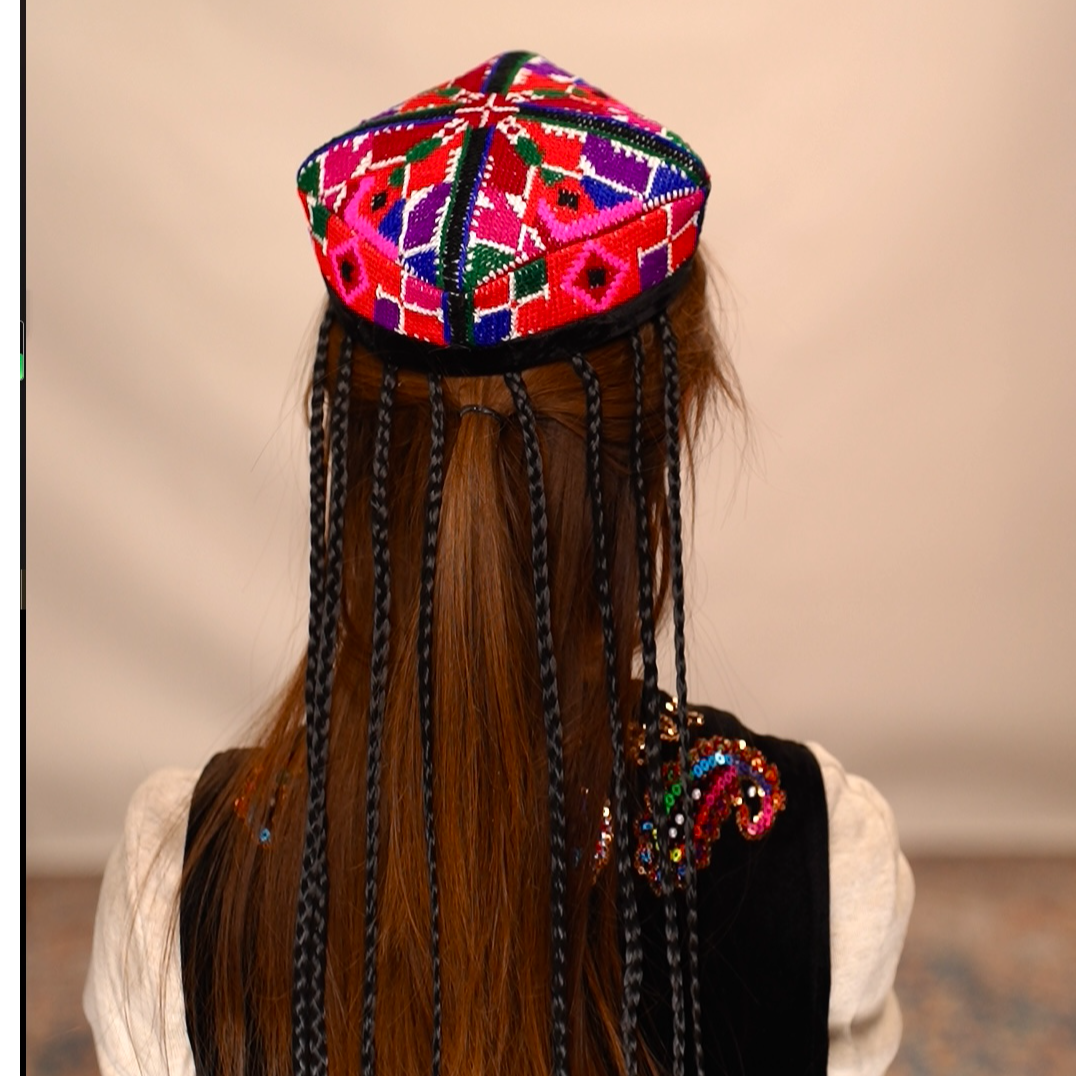 女民族风帽子舞台小花帽带辫子款