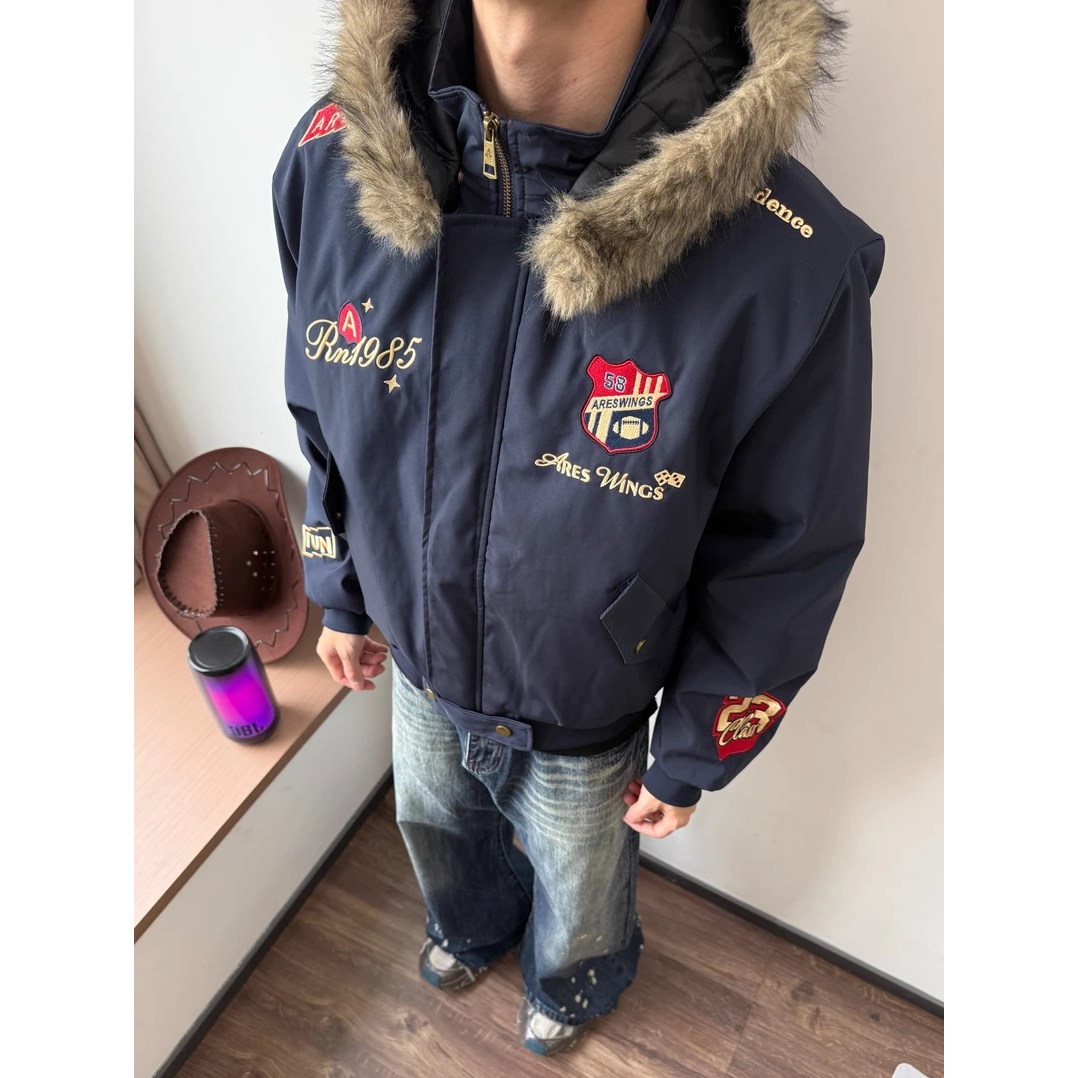 美式复古刺绣徽章座山雕棉可拆卸外套男女冬季小众加厚保暖夹克