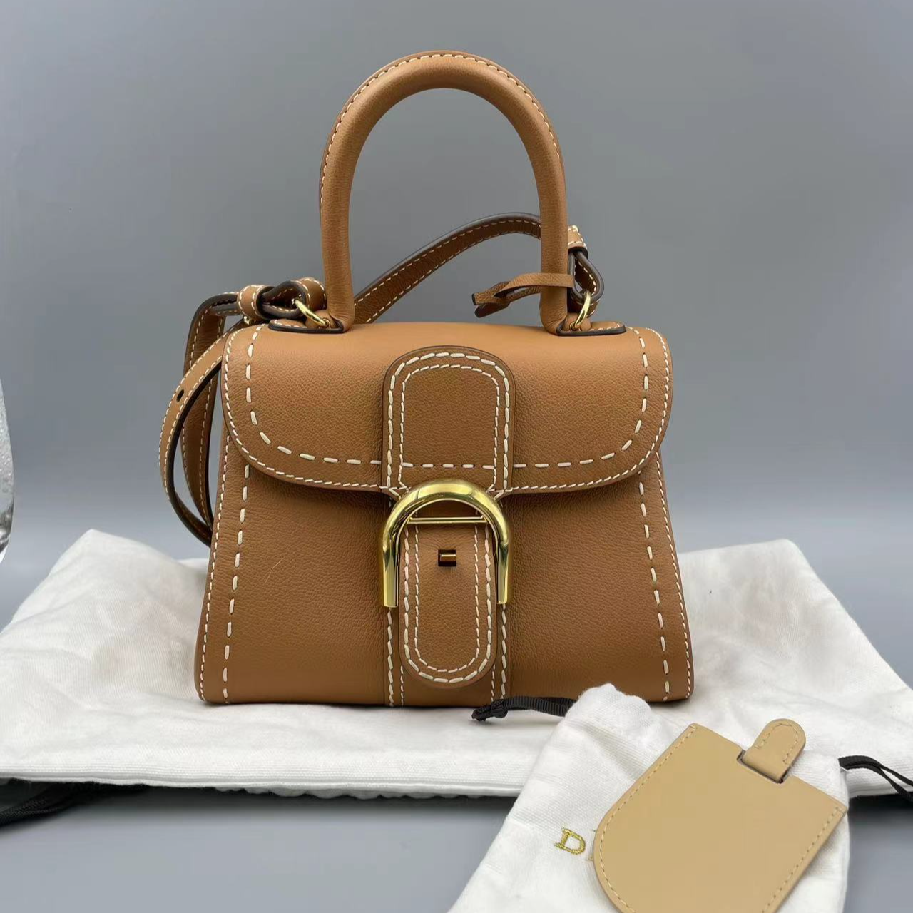 99新 Delvaux/德尔沃 德尔沃Brillant mini金棕外缝手提包