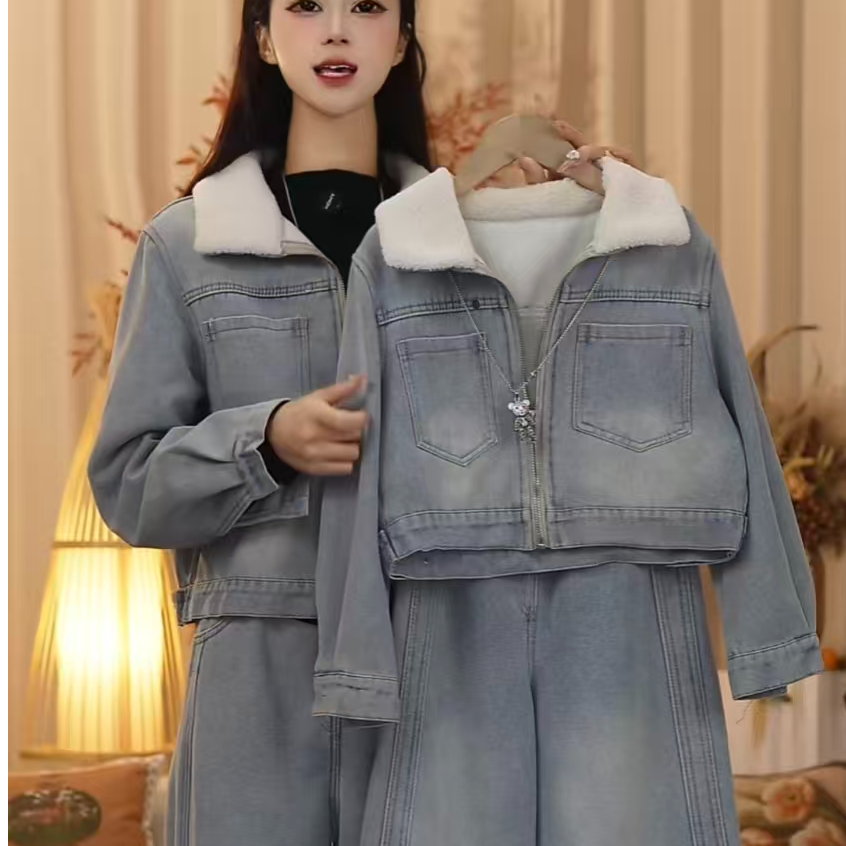 亲子装母女牛仔套装加绒加厚秋冬季女孩中大童毛领阔腿裤两件套