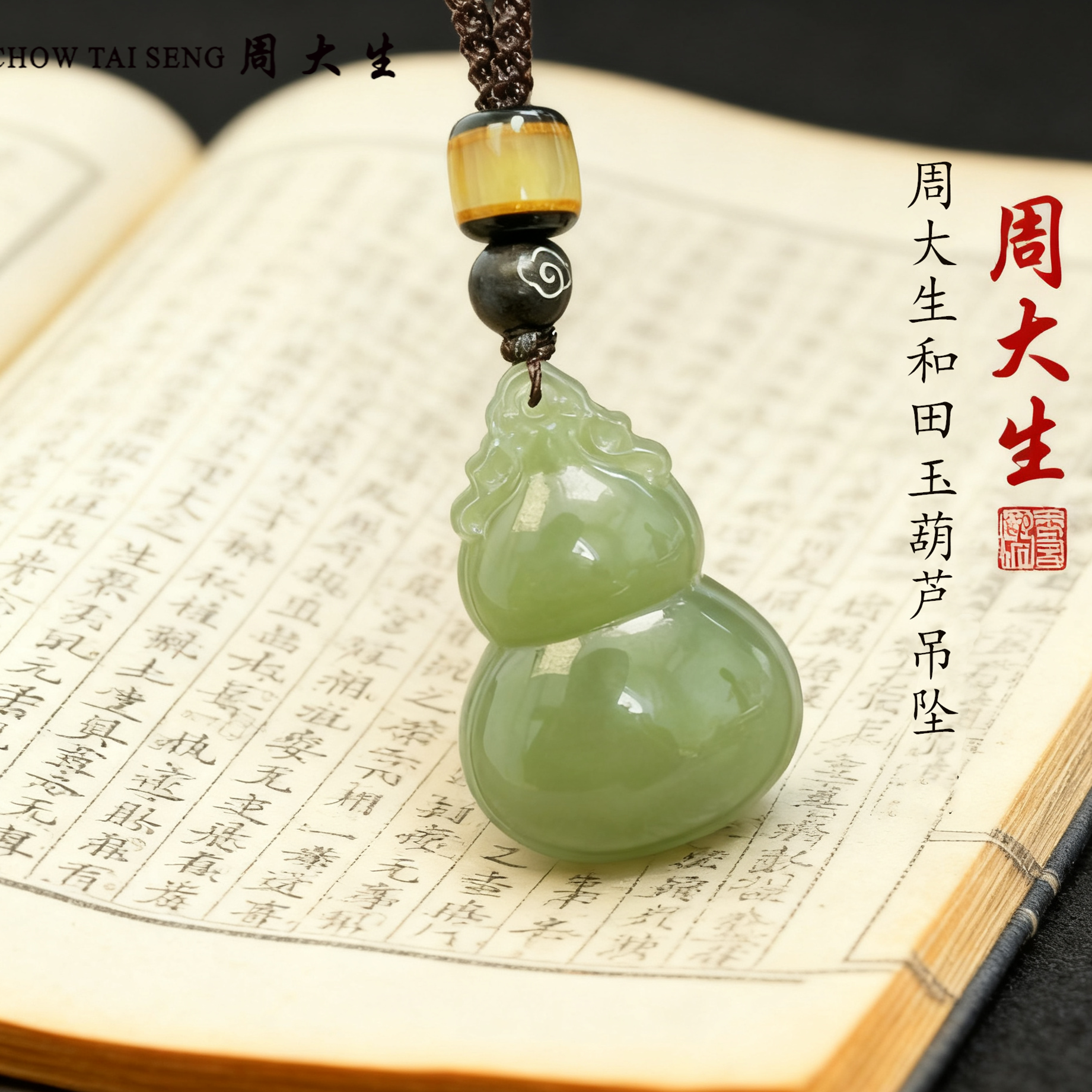 Chow Tai Seng/周大生和田玉葫芦吊坠生日礼物百搭双面