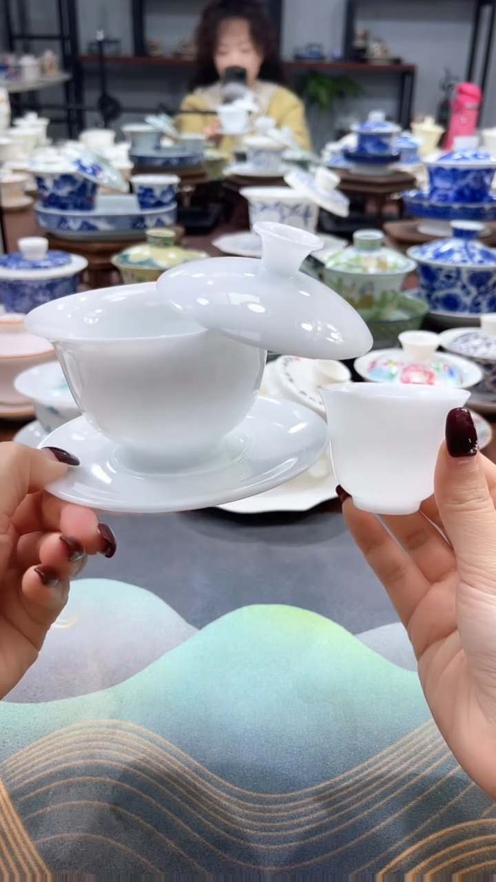 【闪购商品】冰种纯白元宝盖碗+2杯