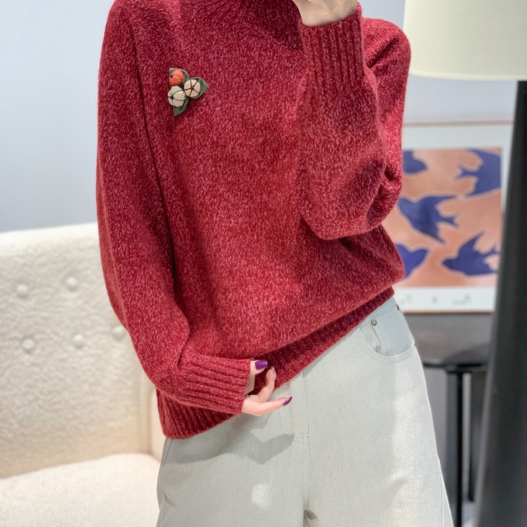 针织宽松型半高领厚款衫绒衫女士宽松秋冬圆领