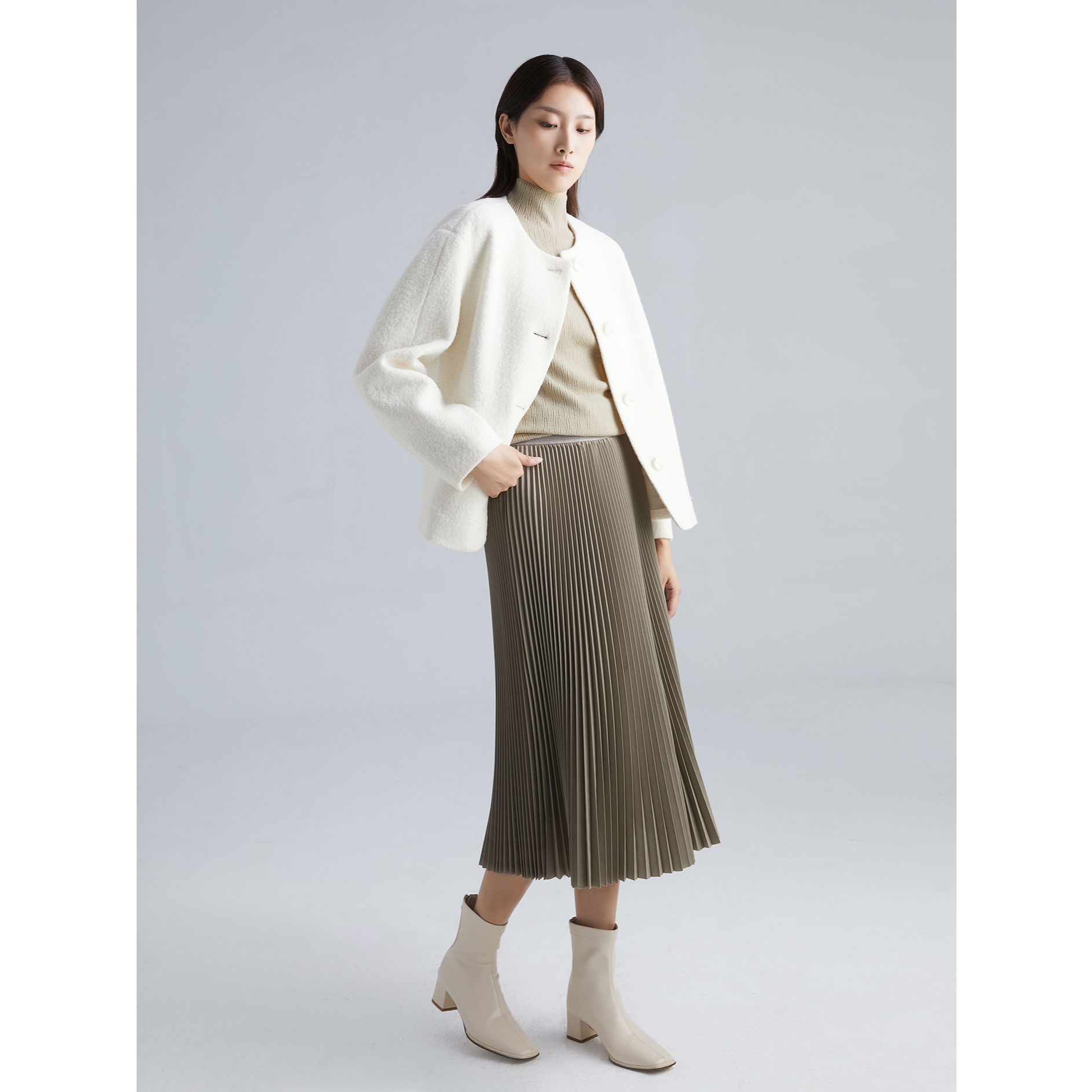 莫笙时尚百搭羊绒中长款百褶秋冬半裙M24DS38008