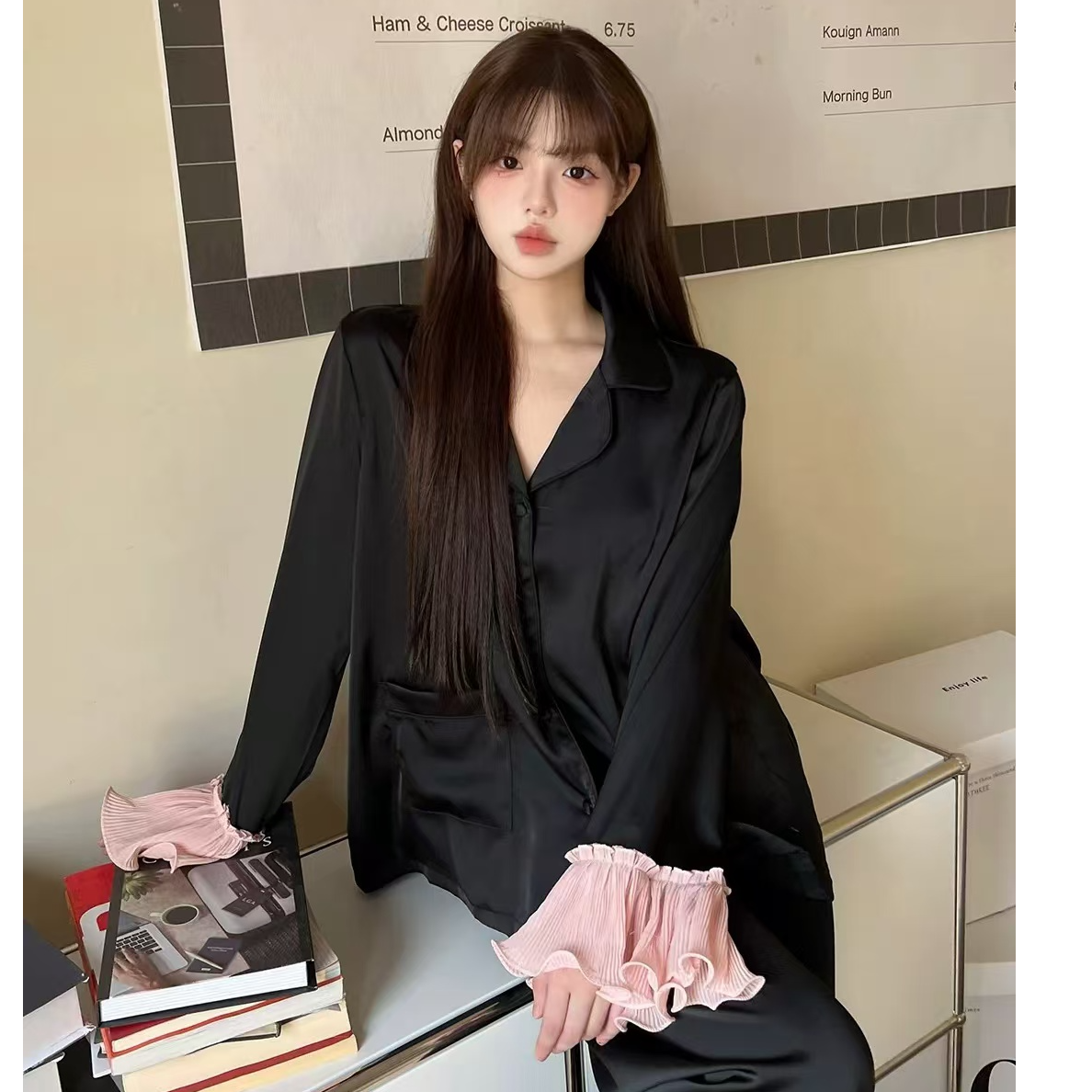 [约会玫瑰岛]新款牛奶丝纯欲黑色裸感舒适亲肤家居服睡衣1662