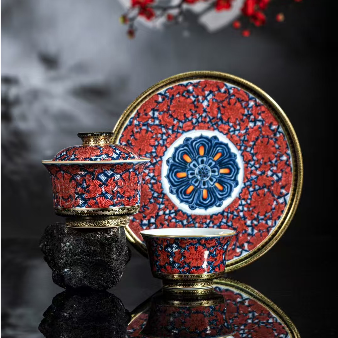当代大明风华青花釉里红黑金花卉茶具套组  景德镇纯手工手绘茶器