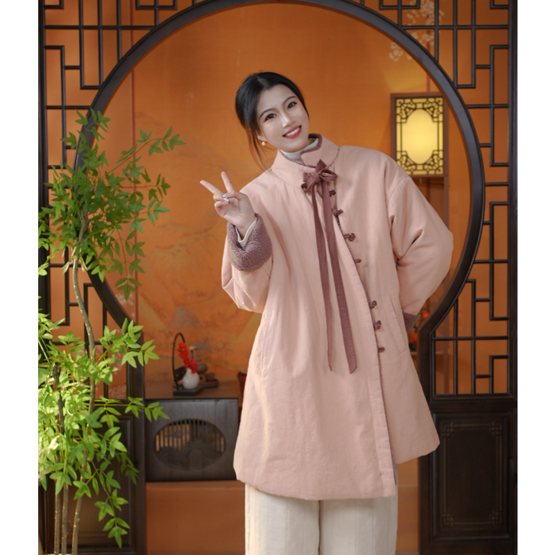 蝴蝶结盘扣秋冬加厚亚麻羊羔毛棉服新中式宽松纯色保暖棉服6597