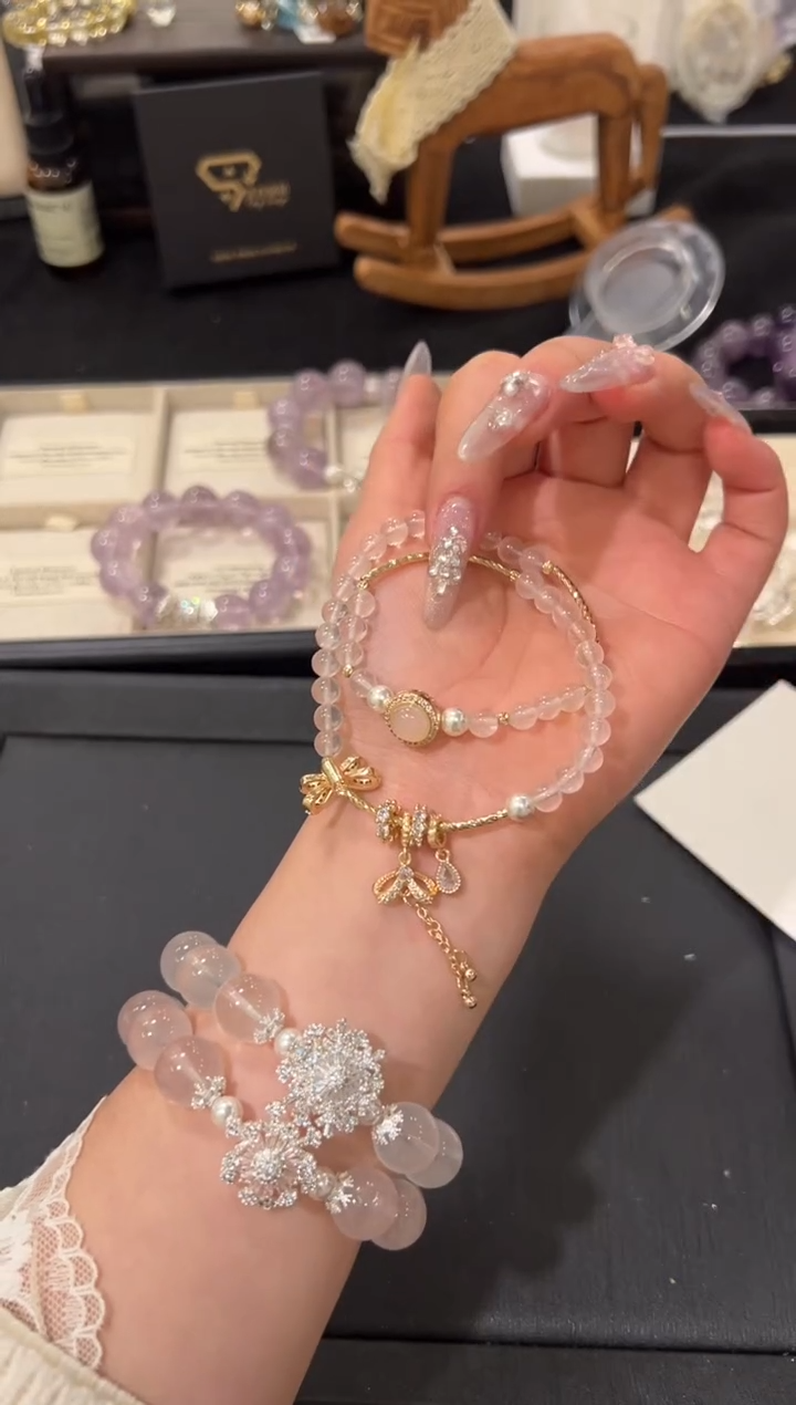 未镶嵌手链水晶粉晶双圈设计款手串