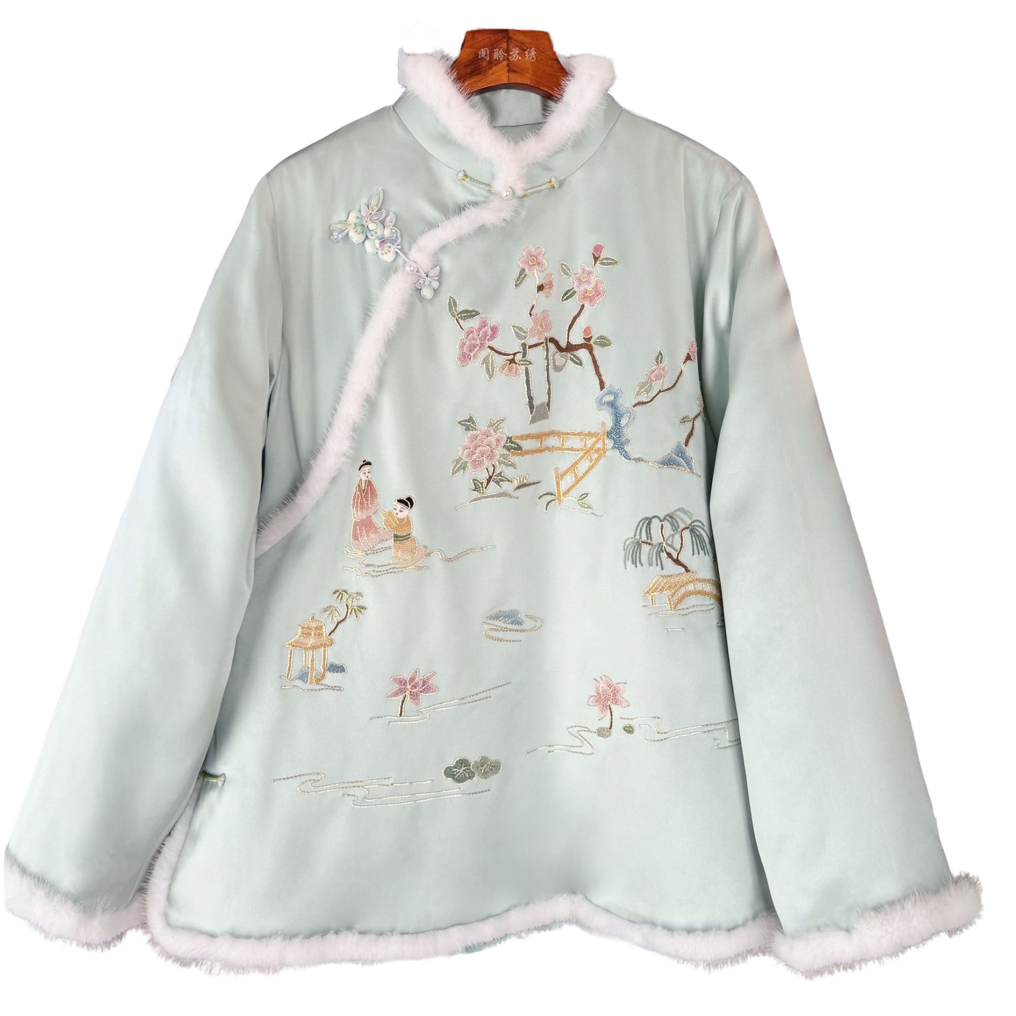  【阅聆 】冬款桑蚕丝手工苏绣软缎立领斜襟人物国风太太服