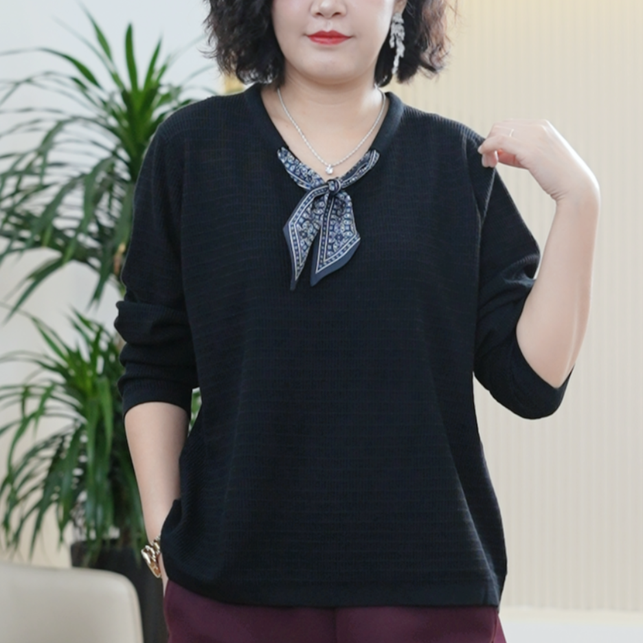 高捻双纱秋季丝巾针织衫女大码航海系穿搭减龄弹力华夫格V领上衣