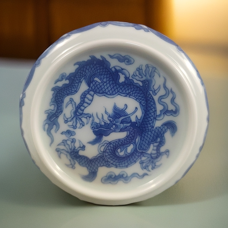 景德镇青花瓷高温釉下彩龙纹盖置茶器摆件