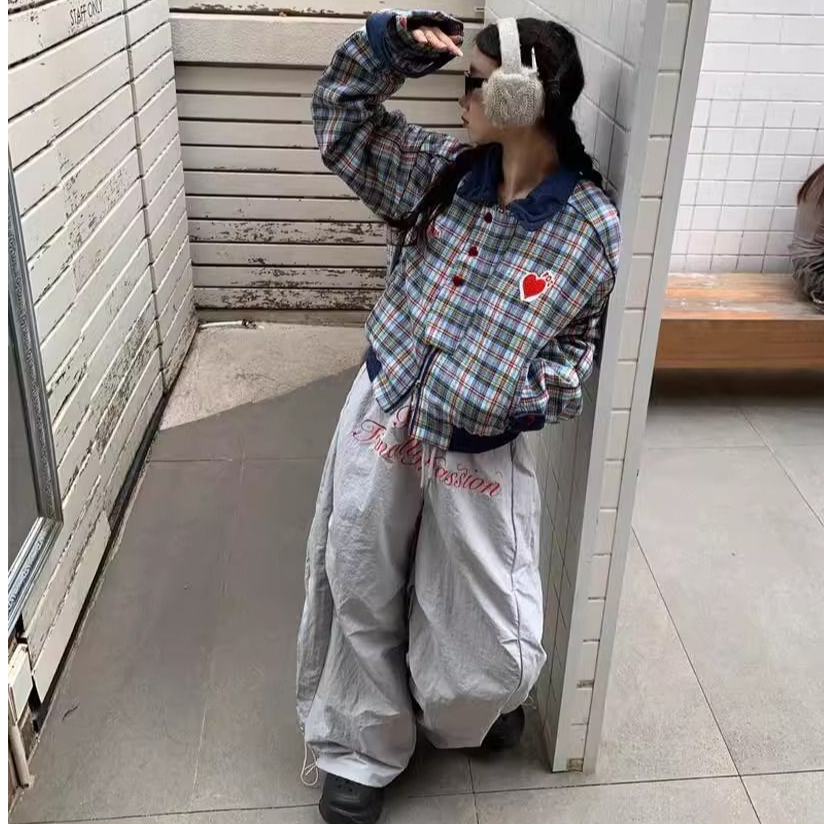 【现货】美式复古爱心格纹短款棉服外套冬季百搭翻领加厚棉衣套装