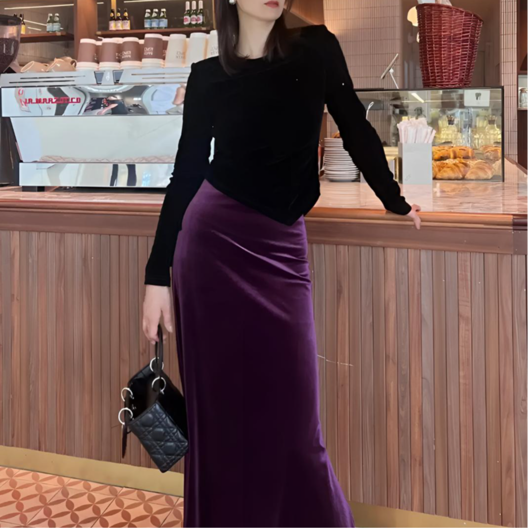 春秋开叉金丝绒黑色半身裙女高腰显瘦时髦设计感复古包臀鱼尾裙
