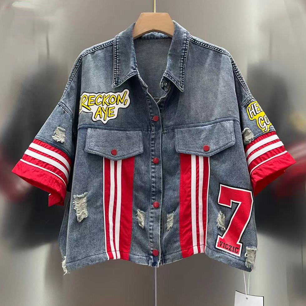 欧货新款时尚潮流设计师款夏季牛仔短袖 36350