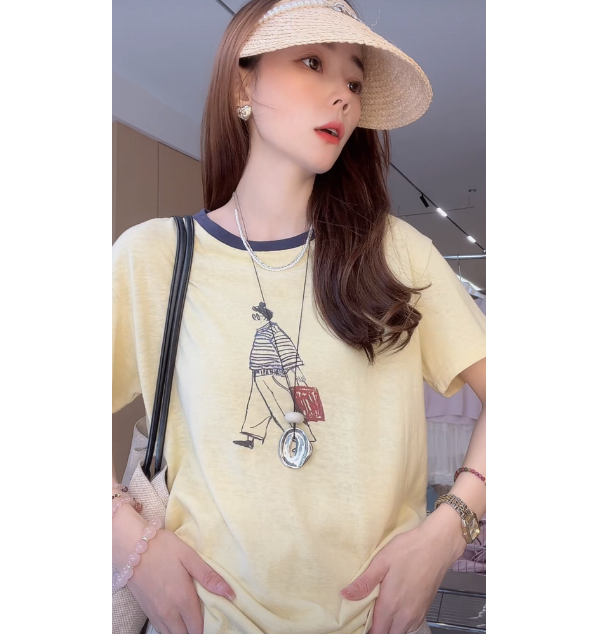 九佳 时尚休闲出圈宽松圆领纯色百搭韩版短袖T恤简约印花