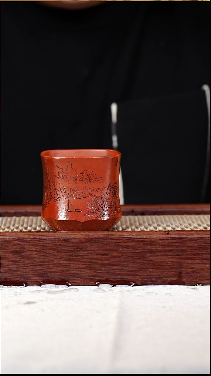 茶杯紫砂红泥四方朱泥山水纯手刻绘190CC