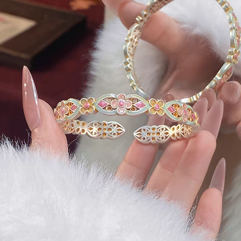 新中式古风描金珐琅荷塘月色实心复古宫廷风新中式银镯子-A134