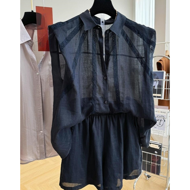 P0243今年流行的夏装搭配一整套轻熟高端苎麻无袖衬衫短裤套装女