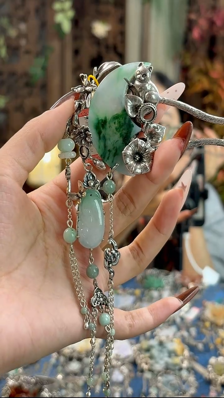 银S925镶嵌挂件翡翠发簪