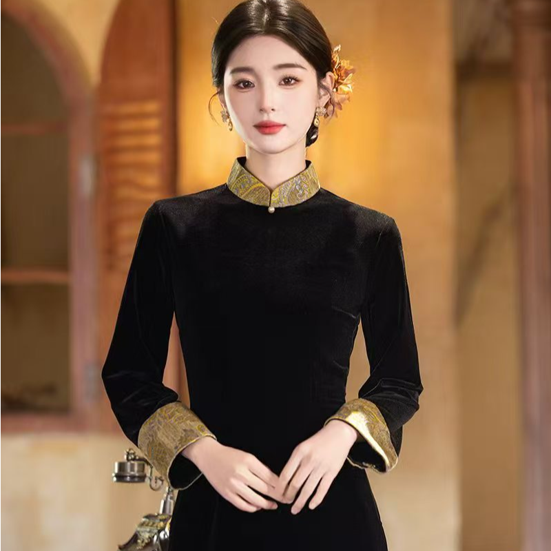 旷美旗韵中国风复古港风日常变色旗袍气质时尚复古显瘦黑中长款