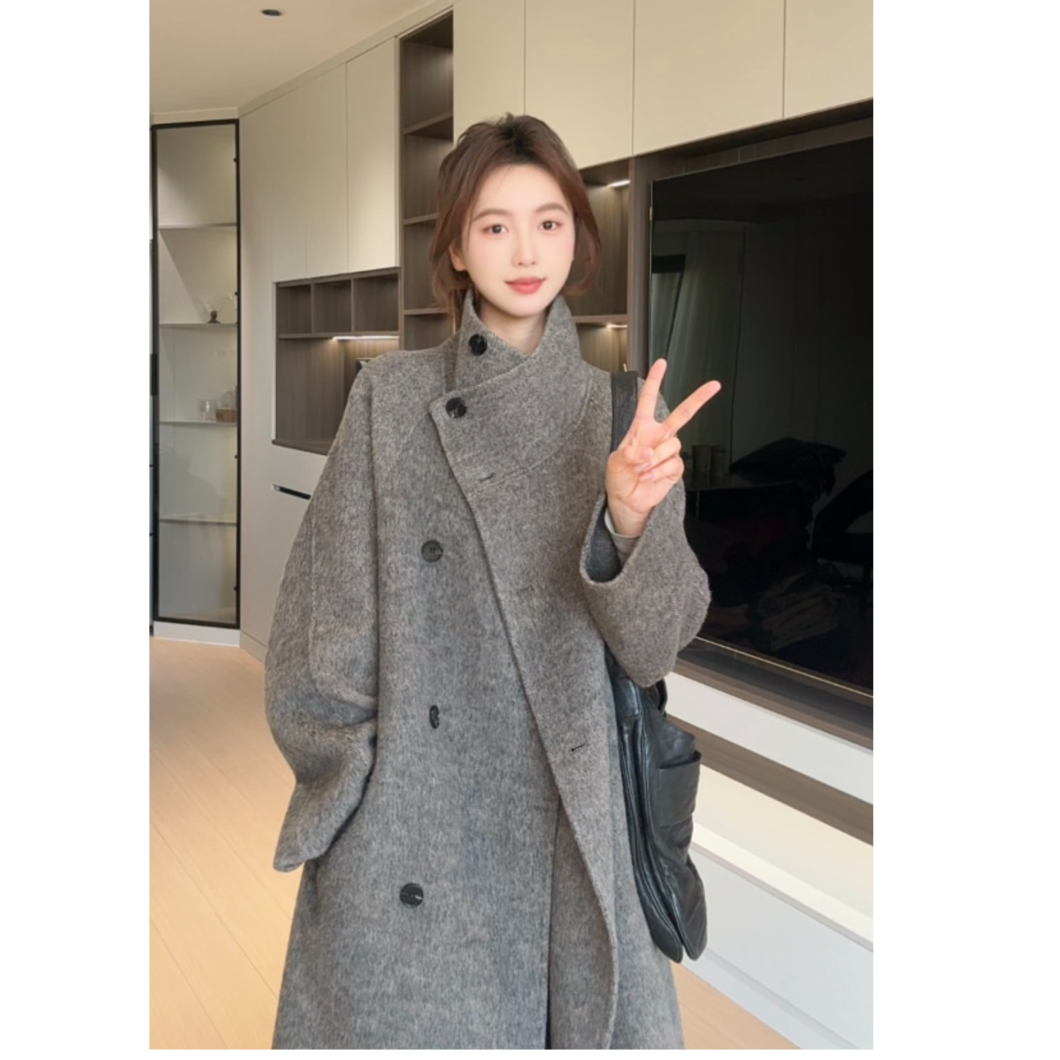 2025原创新品韩系慵懒风宽松立领长款羊毛大衣毛呢外套J